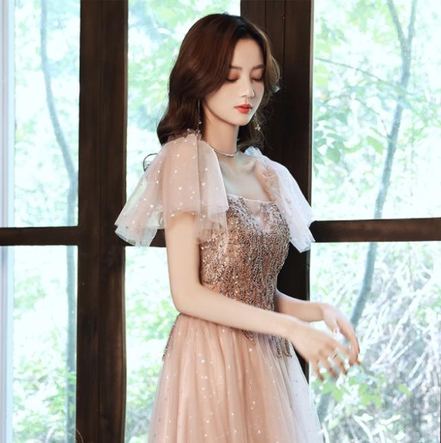 演奏会 パーティー ドレスステージドレス  ロング マキシ丈 Aライン プリンセス スクエアネック フレアスリーブ オフショルダー チュール 透け シアー ビーズ刺繍 スパンコール  背中レースアップ 華やか フ  パーティー イベント 謝恩会 発表会 衣装 大きいサイズ 演奏会 パーティー ドレスステージドレス ロング マキシ丈 Aライン