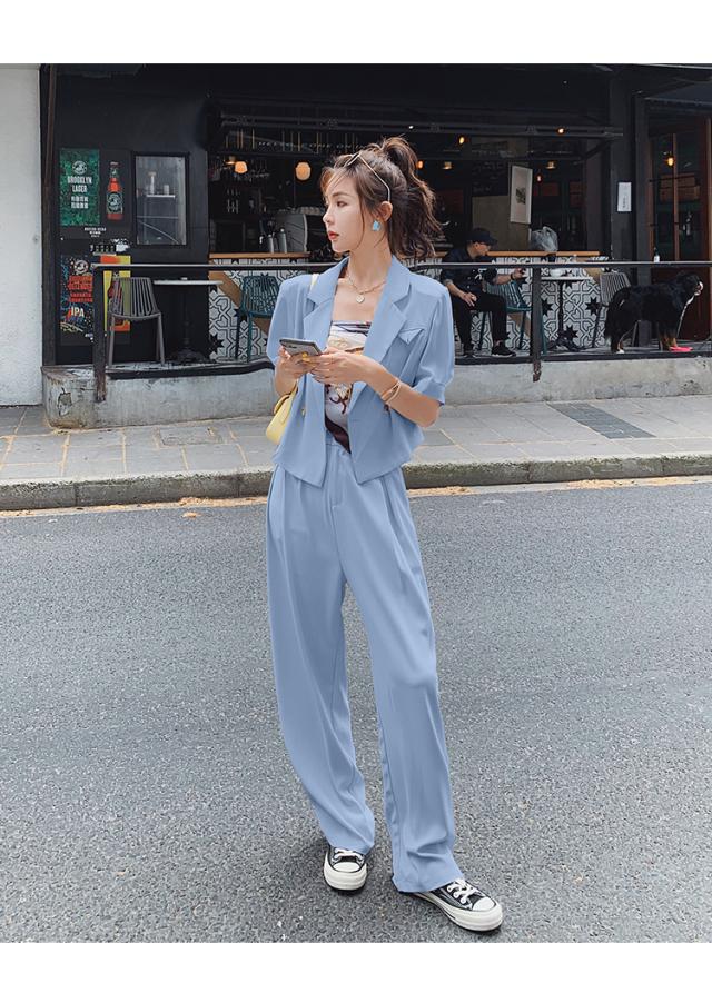 セットアップ レディース ジャケット 半袖 ショート丈 タックパンツ 春 夏 薄手 ダブルブレスト 脚長 羽織 前開き 上下 2点セット ツーピース ゆったり 抜け感 シンプル カジュアル きれいめ メンズライク ボーイッシュ 着回し 大人 かっこいい 通勤 学生 お出かけ S M L XL セットアップ レディース ジャケット 半袖 ショート丈 タックパンツ 春