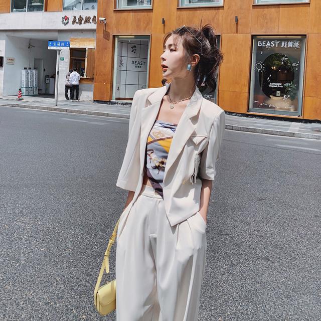 セットアップ レディース ジャケット 半袖 ショート丈 タックパンツ 春