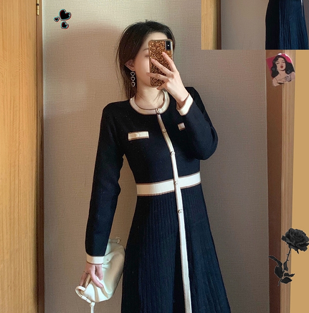 ニット ワンピース ひざ丈 長袖 プリーツスカート 春 秋 冬 パイピング