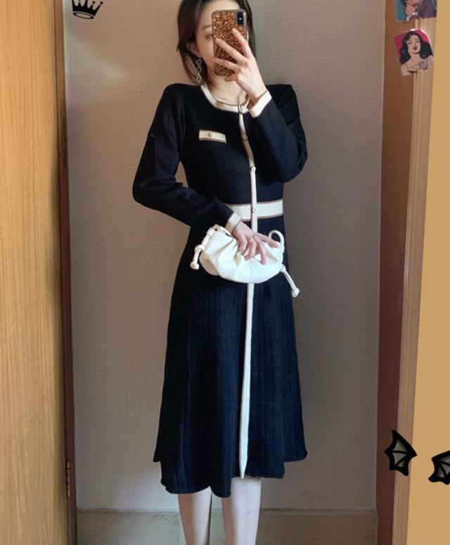 ニット ワンピース ひざ丈 長袖 プリーツスカート 春 秋 冬 パイピング ワンピドレス ラウンドネック 前開 フロントボタン 切り替えデザイン 細身 美スタイル きれいめ 清楚 上品 シンプル しなやか フェミニン 大人 女子 かわいい カジュアル オフィス ママ お呼ばれ デート ニット ワンピース ひざ丈 長袖 プリーツスカート 春 秋 冬 パイピング