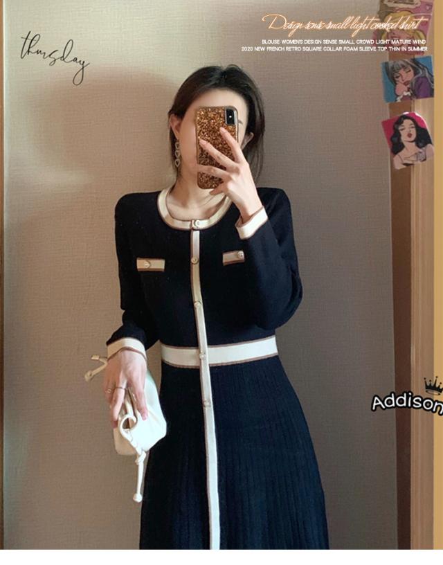 ニット ワンピース ひざ丈 長袖 プリーツスカート 春 秋 冬 パイピング ワンピドレス ラウンドネック 前開 フロントボタン 切り替えデザイン 細身 美スタイル きれいめ 清楚 上品 シンプル しなやか フェミニン 大人 女子 かわいい カジュアル オフィス ママ お呼ばれ デート ニット ワンピース ひざ丈 長袖 プリーツスカート 春 秋 冬 パイピング