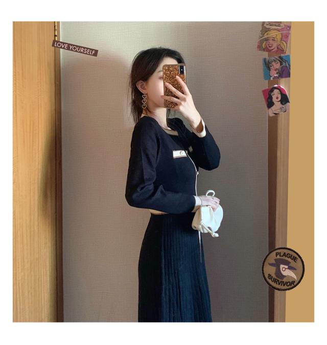 ニット ワンピース ひざ丈 長袖 プリーツスカート 春 秋 冬 パイピング