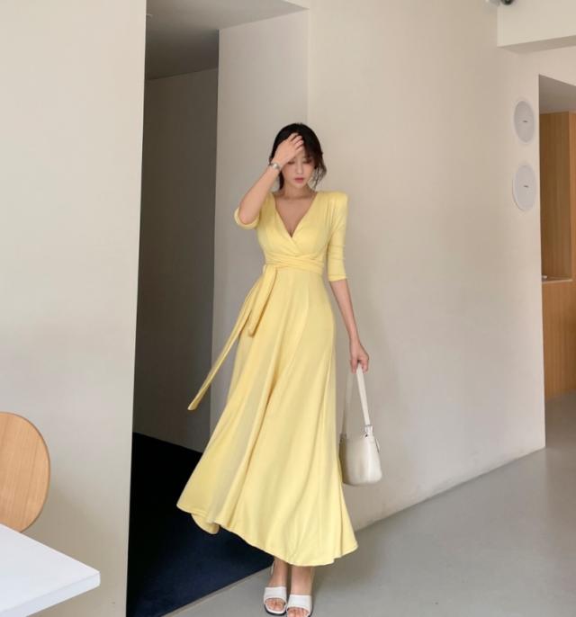 ラップワンピース ロング丈 フレア 五分袖 ドレス 春 夏 秋 深Vネック デコルテ Aライン ウエストマーク ハイウエスト 美ライン 大人 かわいい 上品 きれいめ シンプル カジュアル おしゃれ レトロ フェミニン 通勤 OL 学生 ママ パーティーお呼ばれ デート リゾート 4色 黒_2