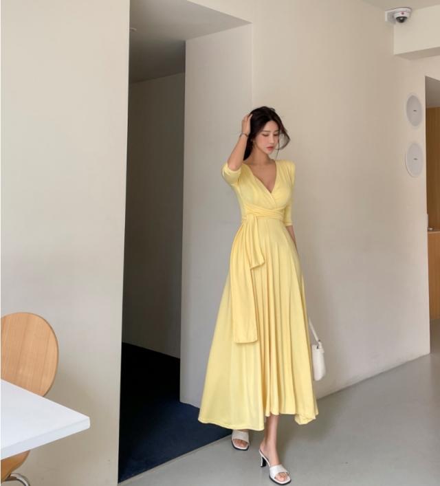 ラップワンピース ロング丈 フレア 五分袖 ドレス 春 夏 秋 深Vネック デコルテ Aライン ウエストマーク ハイウエスト 美ライン 大人 かわいい 上品 きれいめ シンプル カジュアル おしゃれ レトロ フェミニン 通勤 OL 学生 ママ パーティーお呼ばれ デート リゾート 4色 黒_5