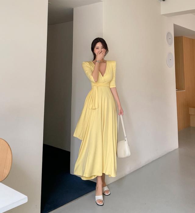 ラップワンピース ロング丈 フレア 五分袖 ドレス 春 夏 秋 深Vネック デコルテ Aライン ウエストマーク ハイウエスト 美ライン 大人 かわいい 上品 きれいめ シンプル カジュアル おしゃれ レトロ フェミニン 通勤 OL 学生 ママ パーティーお呼ばれ デート リゾート 4色 黒_6