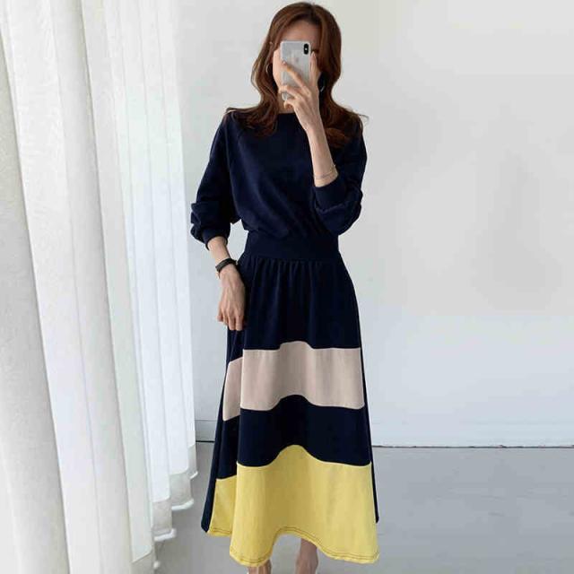 ワンピース レディース カジュアル ラウンドネック 長袖 袖あり ボーダー 配色 ミモレ丈 膝下 ハイウエスト 細見え 着痩せ Aライン シンプル 無地 大人 上品 エレガント 可愛い 女子力 おしゃれ 通勤 お出かけ デート 旅行 休日 普段使い シェイプデザイン 秋 冬