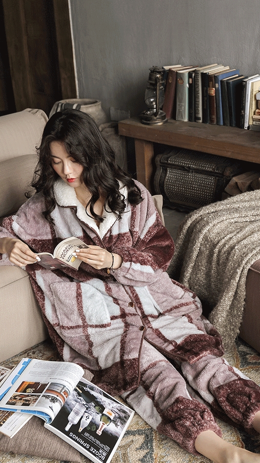 パジャマ もこもこ レディース 長袖 丈長 チェック柄 秋 冬 ルーム