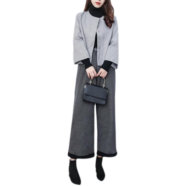 セットアップ ウール ジャケット クロップドパンツ 2点セット ボトムス パンツ アウター 上着 ワイドパンツ ショート丈 7分丈 袖あり 七分袖 ラウンドネック 襟なし ポケット ハイウエスト 前開き 上下セット ツーピース きれいめ シンプル カジュアル 大人 上品 おしゃれ お セットアップ ウール ジャケット クロップドパンツ 2点セット ボトムス