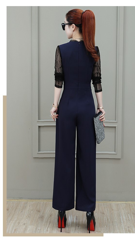 オールインワン レディース カジュアル 長袖 ワイドパンツ レース