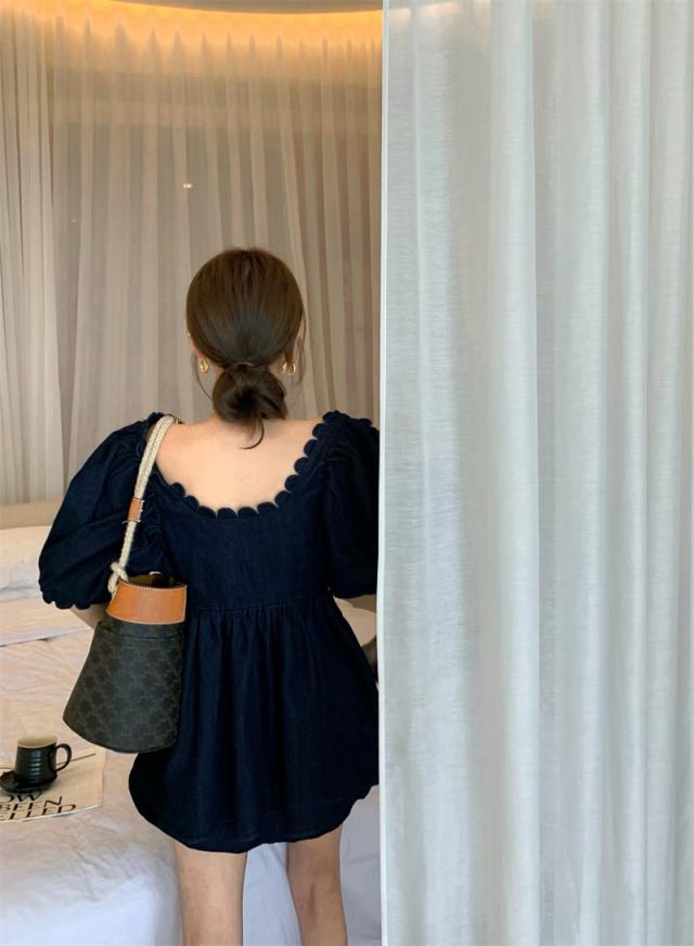 デニムワンピース レディース カジュアル フレア パフスリーブ ミニ丈 袖あり 半袖 Uネック Aライン 前開き 大人 可愛い シンプル おしゃれ かっこいい レトロ 女子力 こなれ感 ラブリー キュート ガーリー 個性的 主役級 着回し 綺麗 スタイルアップ 休日 お出かけ 夏 旅行 デニムワンピース レディース カジュアル フレア パフスリーブ ミニ丈