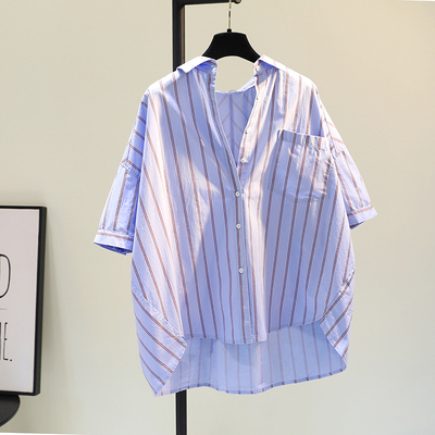 シャツ レディース カジュアル トップス スキッパー ストライプ 袖あり 半袖 Vネック 襟付き 前開き 綿 大人 可愛い きれいめ シンプル おしゃれ かっこいい 女子力 こなれ感 ラフ ラブリー キュート ガーリー 爽やか 涼しい 主役級 存在感 柄 春 夏 通勤 通学 OL オフィス