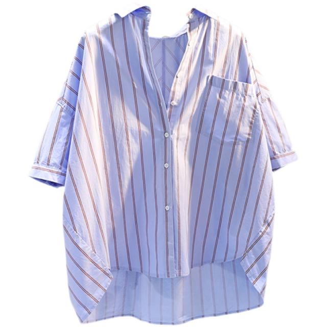 シャツ レディース カジュアル トップス スキッパー ストライプ 袖あり 半袖 Vネック 襟付き 前開き 綿 大人 可愛い きれいめ シンプル おしゃれ かっこいい 女子力 こなれ感 ラフ ラブリー キュート ガーリー 爽やか 涼しい 主役級 存在感 柄 春 夏 通勤 通学 OL オフィス シャツ レディース カジュアル トップス スキッパー ストライプ 袖あり