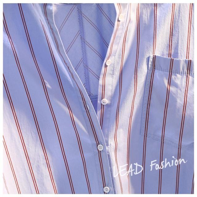 シャツ レディース カジュアル トップス スキッパー ストライプ 袖あり