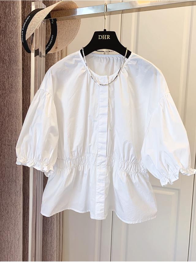 トップス 半袖 シャツ ブラウス 白シャツ ショート ショート丈 袖あり パフスリーブ ドロップショルダー ラウンドネック 襟なし ペプラム 切り替えデザイン フリル 大人可愛い シンプル カジュアル 大人 おしゃれ お洒落 大人女子 キュート ガーリー ルーズ 無地 春 夏 秋 30 トップス 半袖 シャツ ブラウス 白シャツ ショート ショート丈 袖あり