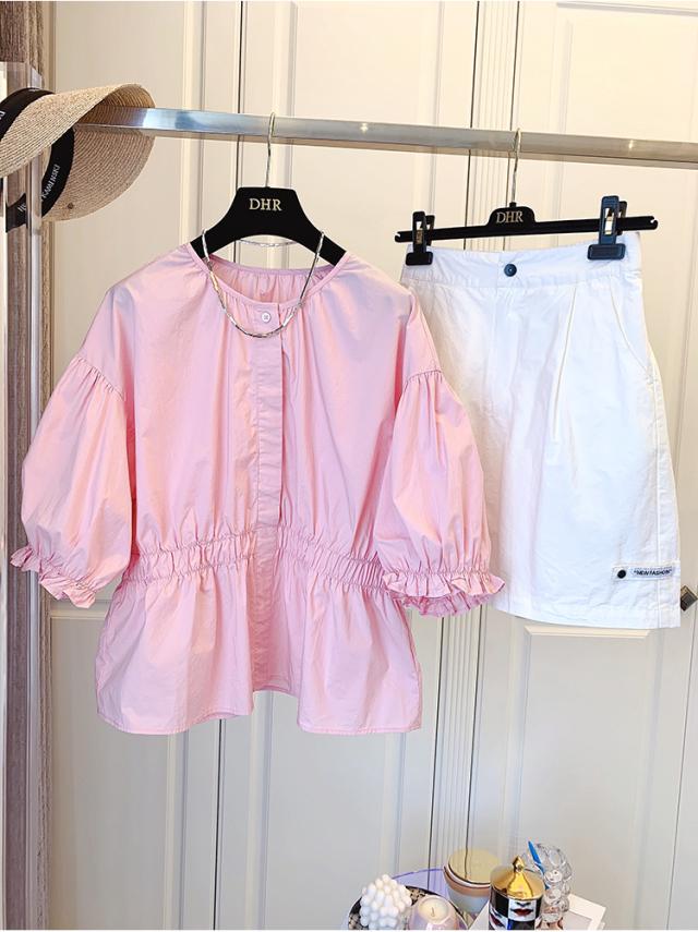 トップス 半袖 シャツ ブラウス 白シャツ ショート ショート丈 袖あり