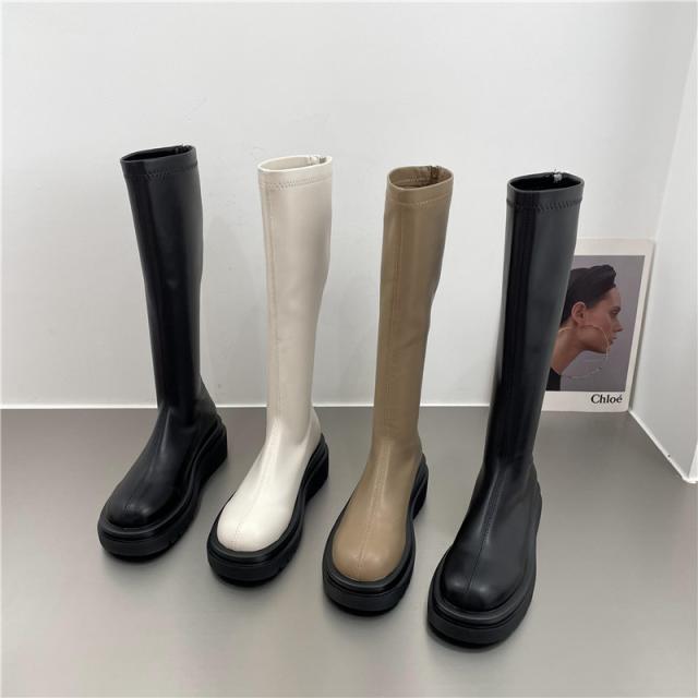 PU レザー ロングブーツ シューズ 靴 くつ クツ ブーツ ミドルブーツ 5cmヒール 厚底 ラウンドトゥ 歩きやすい 裏ボア 暖かい あったか 歩きやすい かわいい 大人可愛い シンプル カジュアル 大人 おしゃれ お洒落 無地 秋 冬 10代 20代 レディース 通勤 学生 通学 デート お