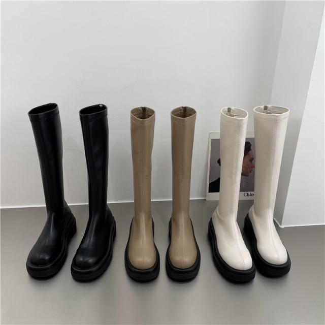 PU レザー ロングブーツ シューズ 靴 くつ クツ ブーツ ミドルブーツ 5cmヒール 厚底 ラウンドトゥ 歩きやすい 裏ボア 暖かい あったか 歩きやすい かわいい 大人可愛い シンプル カジュアル 大人 おしゃれ お洒落 無地 秋 冬 10代 20代 レディース 通勤 学生 通学 デート お_1