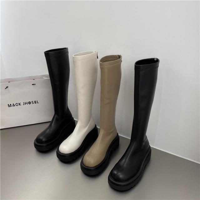 PU レザー ロングブーツ シューズ 靴 くつ クツ ブーツ ミドルブーツ 5cmヒール 厚底 ラウンドトゥ 歩きやすい 裏ボア 暖かい あったか 歩きやすい かわいい 大人可愛い シンプル カジュアル 大人 おしゃれ お洒落 無地 秋 冬 10代 20代 レディース 通勤 学生 通学 デート お_2