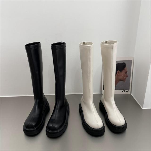 PU レザー ロングブーツ シューズ 靴 くつ クツ ブーツ ミドルブーツ 5cmヒール 厚底 ラウンドトゥ 歩きやすい 裏ボア 暖かい あったか 歩きやすい かわいい 大人可愛い シンプル カジュアル 大人 おしゃれ お洒落 無地 秋 冬 10代 20代 レディース 通勤 学生 通学 デート お_3