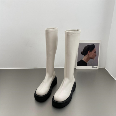 PU レザー ロングブーツ シューズ 靴 くつ クツ ブーツ ミドルブーツ 5cmヒール 厚底 ラウンドトゥ 歩きやすい 裏ボア 暖かい あったか 歩きやすい かわいい 大人可愛い シンプル カジュアル 大人 おしゃれ お洒落 無地 秋 冬 10代 20代 レディース 通勤 学生 通学 デート お_5