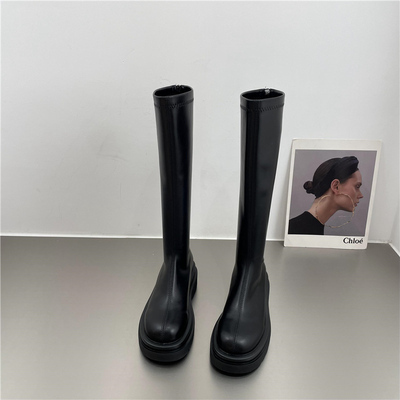 PU レザー ロングブーツ シューズ 靴 くつ クツ ブーツ ミドルブーツ 5cmヒール 厚底 ラウンドトゥ 歩きやすい 裏ボア 暖かい あったか 歩きやすい かわいい 大人可愛い シンプル カジュアル 大人 おしゃれ お洒落 無地 秋 冬 10代 20代 レディース 通勤 学生 通学 デート お_7