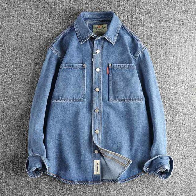 シャツ メンズ 男性用 デニムシャツ 長袖 コットン 100% ワークシャツ ブルゾン レトロ 古着風 カジュアル アメカジ ブルー ゆったり