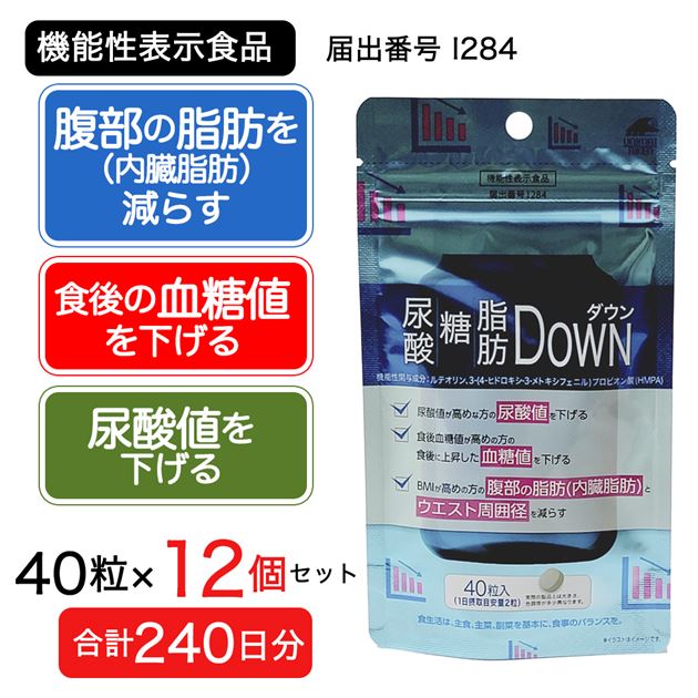 尿酸・糖・脂肪ダウン 40粒×12個セット (合計240日分) [機能性表示食品] - ユニマットリケン [尿酸値を下げる/脂肪を減らす] の通販は