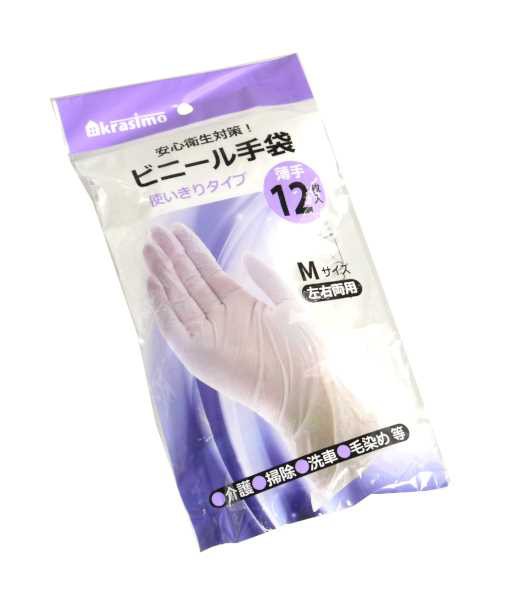 ビニール手袋 使いきりタイプ 薄手 左右両用 Mサイズ(22cm) 12枚入