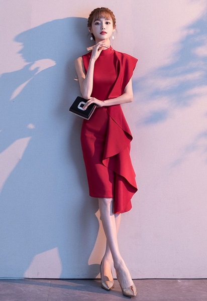 お呼ばれドレス 結婚式 赤ドレス パーティードレス 韓国 個性的