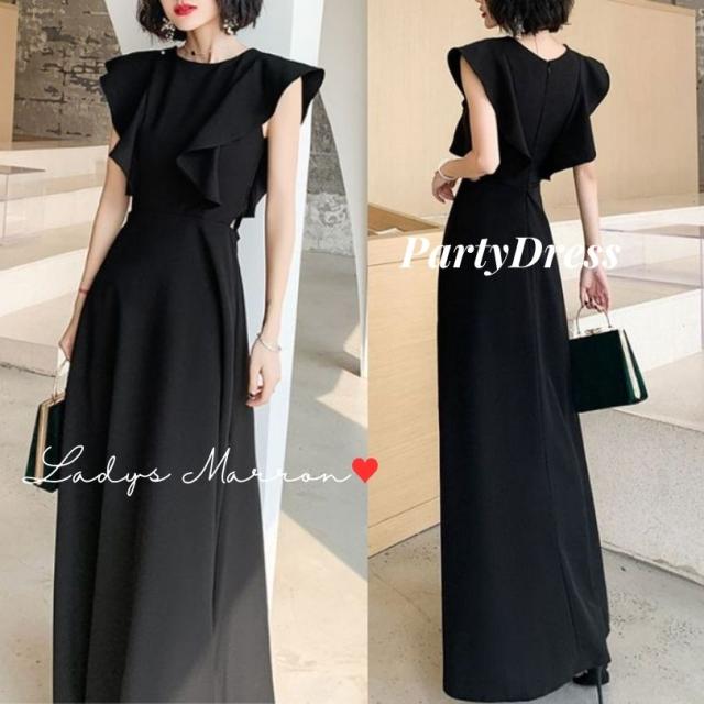 お呼ばれドレス 結婚式 ドレス ノースリーブドレス パーティードレス 韓国 フリルドレス 黒 赤 結婚式服装 ロングドレス ブラックドレス イブニングドレス 結婚式お呼ばれドレス 服 成人式ドレス 20代 30代 40代 50代 結婚式参列ドレス レディース 春 秋