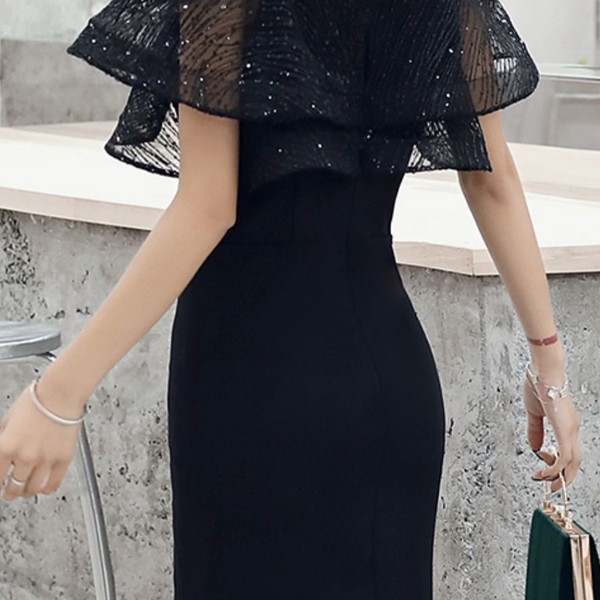 イブニングドレス 黒 結婚式お呼ばれドレス 結婚式服装 お呼ばれ服