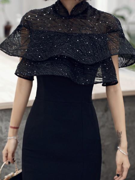 イブニングドレス 黒 結婚式お呼ばれドレス 結婚式服装 お呼ばれ服