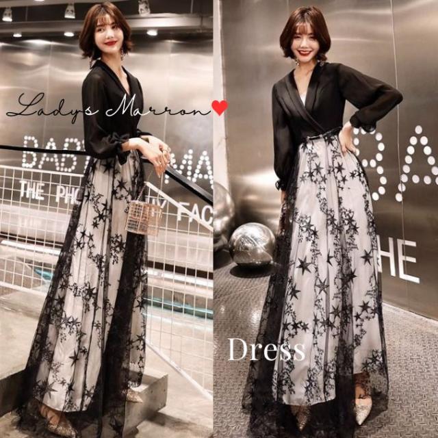 イブニングドレス 黒 パーティードレス 結婚式お呼ばれドレス 結婚式服装 お呼ばれ服 同窓会ドレス 二次会ドレス 成人式ドレス 20代 30代 40代 50代 お呼ばれドレス結婚式 結婚式参列ドレス ロングドレス レディース ワンピース 星 スター カシュクール