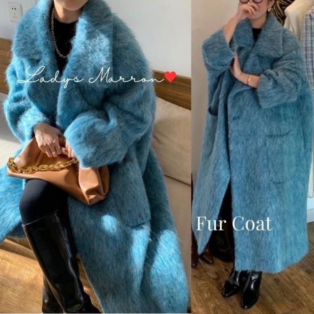 ファージャケット ファーコート レディース フェイクファーコート ファーアウター 毛皮 ファー付きコート ロング 青 レディース アウター ウールコート ロングコート 韓国 フェイクファー 冬 長袖 可愛い 高級感 通勤 OL 目立つ ビビットカラー 個性的 防寒