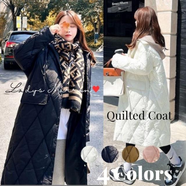 キルティングコート キルトコート フード付き レディース キルティングダウン 中綿 ダウンコート ダウンジャケット ロングコート 白 黒 防寒コート ライトアウター 韓国 無地 春 秋 冬 長袖 ロング丈 可愛い ニットフード 異素材 大人 通学 通勤 旅行 カジュアル