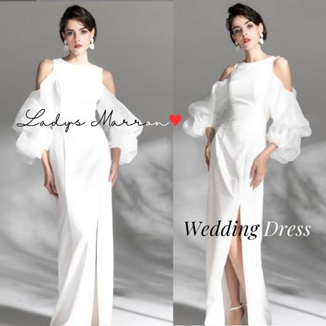 ウェディングドレス マーメイド 白 花嫁 前撮りドレス かわいい 花嫁二次会ドレス フォトウェディング 二次会ドレス 韓国 無地 オープンショルダー 春 夏 秋 冬 ロング丈  可愛い 前撮り 後撮り 結婚式 海外挙式 披露宴 パーティードレス ディープスリット Iラインドレス