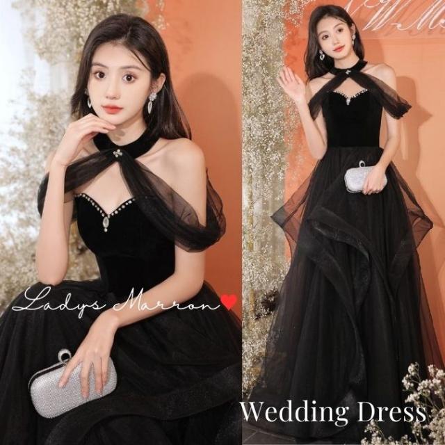 ウェディングドレス カラードレス 演奏会 黒ドレス 前撮りドレス 花嫁 二次会 お色直しドレス フォトウェディング プリンセスドレス オフショルドレス かわいい セルフ 韓国 ホルターネック 春 夏 秋 冬 ロング丈 袖付き 結婚式 披露宴 パーティードレス