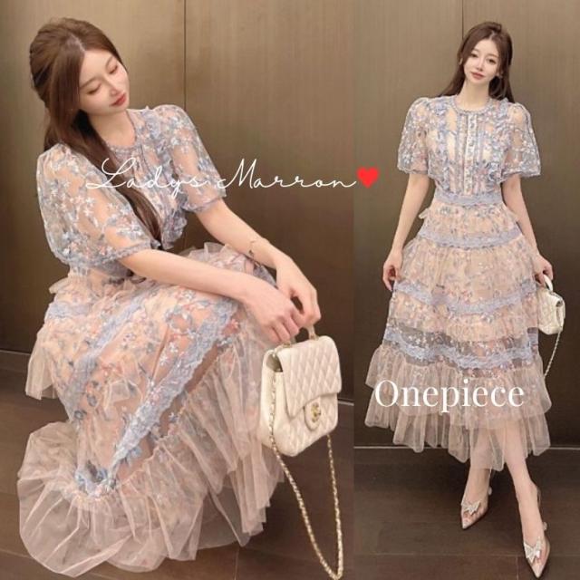 お呼ばれドレス 結婚式 お呼ばれワンピース パーティードレス 韓国 ドレス ピンクドレス 花柄ドレス ティアードドレス ガーリードレス 半袖 ロングドレス ティアードワンピース 春 夏 ロング丈 可愛い フェミニン ケーキスカート ペールトーン