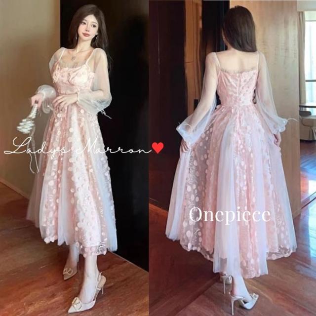 お呼ばれドレス 結婚式 お呼ばれワンピース パーティードレス 韓国 ドレス ピンクドレス 花柄ドレス ガーリードレス ロングワンピース ロングドレス ドット 春 秋 長袖 ロング丈 可愛い フレアワンピース Aラインドレス シフォン シースルー