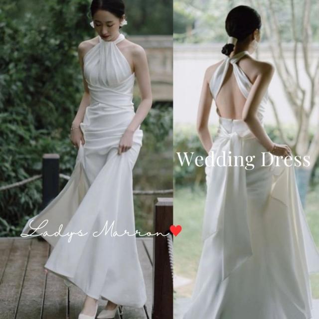 ウエディングドレス ウェディングドレス 白 前撮りドレス ホルターネック ドレス 二次会 花嫁 2次会 白ワンピ 白ワンピース 白ドレス バックオープン バックコンシャス 結婚式 韓国 春 夏 秋 冬 可愛い 前撮り 後撮り 披露宴 パーティードレス