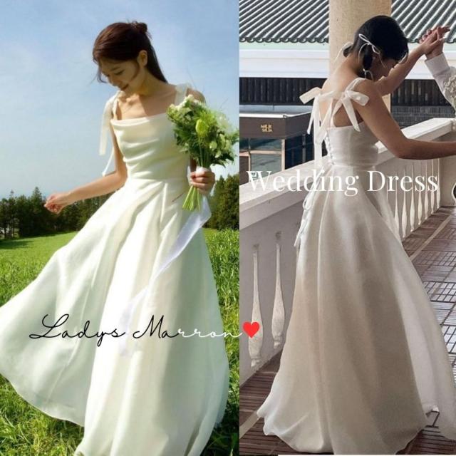 ウエディングドレス ウェディングドレス 白 前撮りドレス 白ワンピ 白ワンピース 白ドレス 肩リボン ドレス 二次会 花嫁 2次会 結婚式 プリンセスドレス 白い 韓国 春 夏 秋 冬  可愛い 前撮り 後撮り 披露宴 パーティードレス ロングドレス