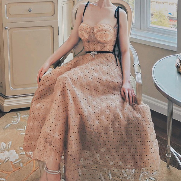 ドットワンピース 花柄ワンピース 夏 韓国 黒 肩リボン レトロ