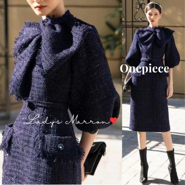 ツイードワンピース リボンワンピース かわいいワンピース ガーリーワンピース フェミニンワンピース パフスリーブワンピース ビッグリボン タイトワンピース 個性的ワンピース ワンピース ひざ下ワンピース 韓国 リボン 春 秋 冬