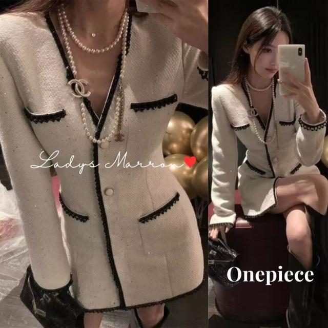 ジャケットワンピース ジャケットミニワンピース ツイードワンピース ジャケット レディース 白ジャケット 衣装 個性的ワンピース ワンピース ミニワンピース 韓国 無地 Vネック 春 秋 長袖 ショート丈 ミニ丈 可愛い ノーカラージャケット