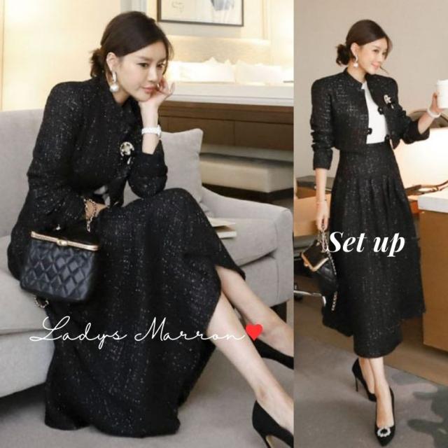 ツイード セットアップ 韓国 卒業式スーツ 卒園式スーツ セレモニースーツ セレモニーセットアップ ジャケット スカート 入学式 ママ 母親 入園式 ママスーツ 服 服装 黒 上下セット 2点セット ツーピース スタンドカラー 春 秋 長袖