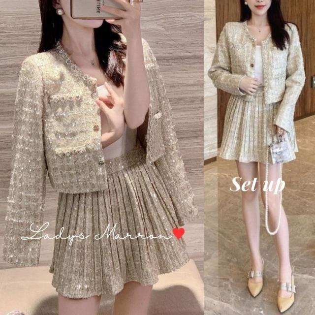 ツイード セットアップ 韓国 ジャケット スカート 成人式 同窓会 卒業式 服 服装 二次会 冬 かわいい スパンコール キラキラ 上下セット 2点セット ツーピース 無地 ノーカラー 春 秋 長袖 ショート丈 ミニ丈 可愛い ツイードワンピース