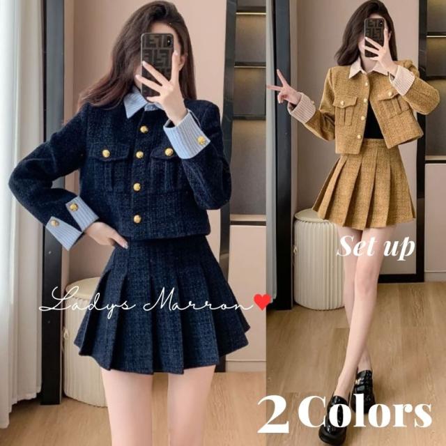 セットアップ ミニスカート ミニスカ 韓国 ツイードセットアップ プリーツ ミニ丈 かわいい 成人式 同窓会 服 服装 二次会 上下セット 2点セット ツーピース 無地 ストライプ 襟付き 春 秋 長袖 ショート丈 可愛い ツイードワンピース