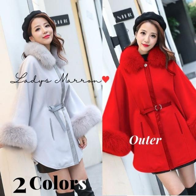 ケープコート レディース 可愛い ポンチョコート アウター 冬 マントコート ボア ファーコート ファーアウター ファーコートレディース ジャケット グレーコート 赤コート ケープ ポンチョ ボリュームファー 長袖 韓国 フレア オーバーコート