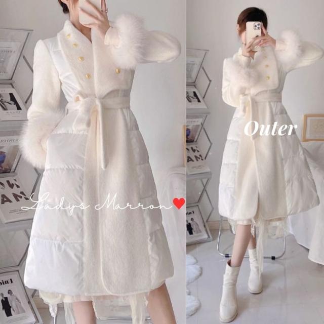 白コート ドレスコート 冬 白いコート 白ロングコート 白ファーコート 白ダウンコート ファーダウン 同窓会コート ガーリーコート お嬢様コート アウター フェミニン 20代 あざとい ダウンコート フェイクウール 韓国 長袖 可愛い